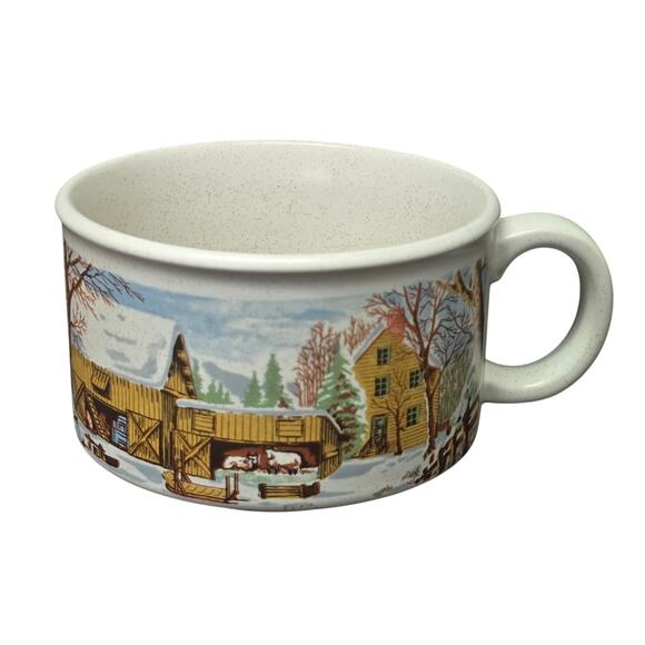 Vintage Sunnycraft Stoneware Collection Winter Snow Cabin Soup Mug Bowls 22203 - Picture 9 of 9